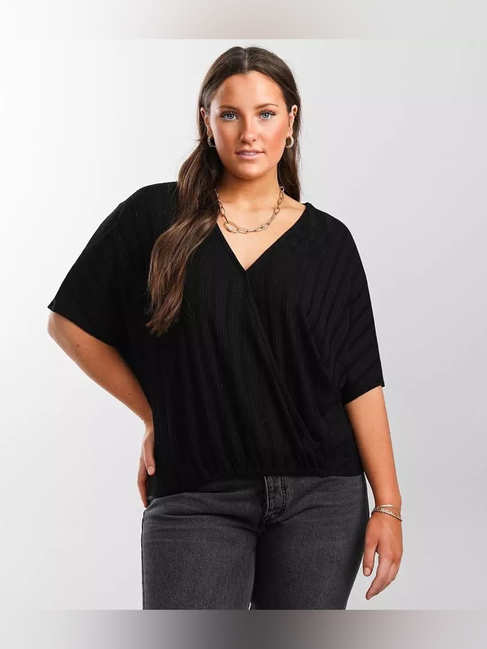 Daytrip Black SMALL Ribbed Surplice Faux Wrap Dolman Top NWT From Buckle